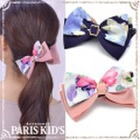 ■ バナナクリップ リボン 花柄 大きめ ヘアアクセサリー ヘアアクセ ピンク ネイビー hrtrd ymgir colpo