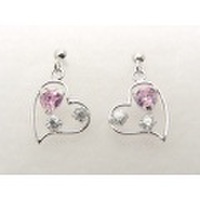 ハートの中に３つの輝きK14WG(ホワイトゴールド)ピンクキュービックピアス [y060049]