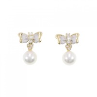 K18YG/K18WG リボン×ハート アコヤパール ピアス 7.8mm