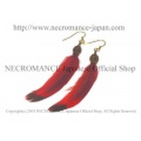 【ネクロマンス NECROMANCE】 リアルフェザー ウッドスカルピアス Real Feather Wood Skull Pierce ＜レッド/Red/赤＞ 羽根 骸骨