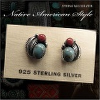 クリックポストのみ送料無料！インディアンジュエリー　ピアス シルバー925　ターコイズ&レッドコーラルNative American Style Turquoise&Red Coral Sterling Silver Pierced Earrings WILD HEARTS Leather&Silver(ID se1562)