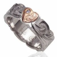 ハワイアンジュエリー / ヘビースクロールPGハートCZリング　ロジューム加工済み