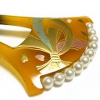 和風かんざし　真珠飾り　蒔絵　リボン結び　べっ甲