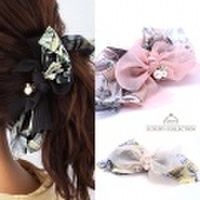バナナクリップ シフォン 大 リボン フラワー ヘアアクセサリー ヘアクリップ パール