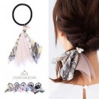 ヘアゴム シフォン リボン 大 パール ビジュー フラワー ヘアアクセサリー