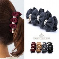 バナナクリップ　ウール リボン バナナクリップ　上品 リボンバナナクリップ　デイリー オフィス　ベルベット　ヘアアクセサリー　ヘアアクセ　ヘアアレンジ　大人可愛い　上品　ヘアクリップ　リボン　パール　ビジュー　プレゼント