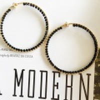 [再販5][即納] ピアスみたいなイヤリング　大きめフープのブラックストーンイヤリング