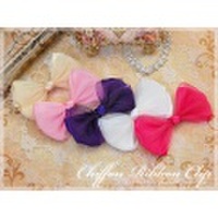 子供ヘアアクセサリー シフォンリボンクリップ 発表会 結婚式 髪飾り オーガンジー重ねのダブルリボン パーティー メール便不可[cr-cl]