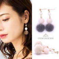ピアス ボンボン ファー パール アメリカン ニッケルフリー　ゴールド　ファー　レディース　ジュエリー シンプル アクセサリー　トレンド　デイリー ポンポン プレゼント　トレンド グレー フックピアス　上品