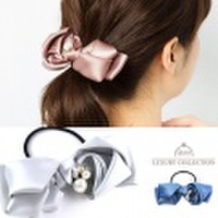 ヘアゴム　リボン　サテン　パール　ビジュー　ヘアアクセサリー　ヘアアクセ　デイリー　大人可愛い　エレガント　レディース　ヘアアレンジ　プレゼント