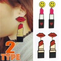 可愛い口紅アイコン アクリル プレート ピアス 派手 ユニークモチーフ 口紅 唇 リップ スマイル ミラー インパクト モノトーン ハート 今コレ 761113