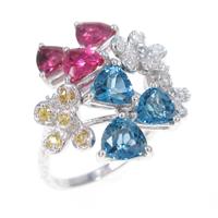 18KWG フラワー カラーストーンリング