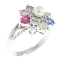 K18WG フラワー カラーストーンリング