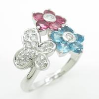 K18WG フラワー×バタフライ カラーストーンリング30％引き