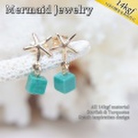 【MermaidJewelry】マーメイドジュエリー*シンプルで大人オシャレなリゾートファッションにおすすめ♪パワーストーン　ターコイズ&14kgf素材スターフィッシュ*ポストピアス