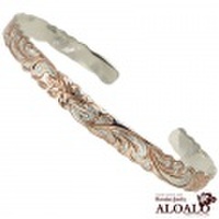 ハワイアンジュエリー バングル ブレスレット ハワイアンスクロールカットアウト ピンクゴールドコーティング オープンバングル 6mm メンズ レディース シルバー プルメリア スクロール バレル カフ フリーサイズ