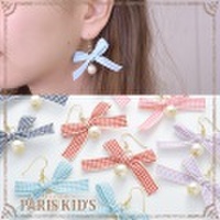 ピアス リボン ギンガムチェック パール 可愛い ゴールド レッド ピンク パープル ブルー ネイビー ymgir