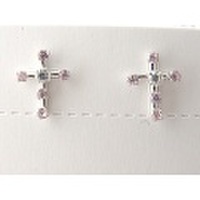 ピンクのクロスのK14WG(ホワイトゴールド)ピンクキュービックピアス [y060079]