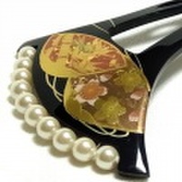 和風かんざし　真珠飾り　蒔絵　桜あわせ模様　黒