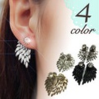 メール便可 【4色展開】 フェザー バックキャッチピアス バックピアス ラインストーンストーン ビジュー ゴールド シルバー ブラック 羽 翼 個性派 お洒落 プレゼント アクセサリー 760428