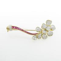 K18YG／K18WG フラワー ルビーブローチ
