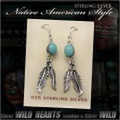 クリックポストのみ送料無料！ピアス　ターコイズ　フェザー　シルバーアクセサリー　インディアンジュエリー Native American Style Turquoise Feather Sterling Silver Pierced Earrings (ID pe3231)