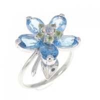 K18WG フラワー カラーストーン リング