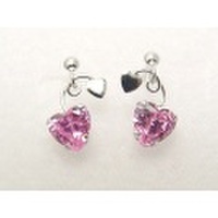 ハートの上にハートがちょこんK14WG(ホワイトゴールド)ピンクキュービックピアス [y060047]