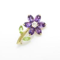 K18YG フラワー カラーストーンブローチ