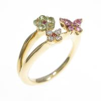 K18YG フラワー フラワー×バタフライ カラーストーンピンキーリング